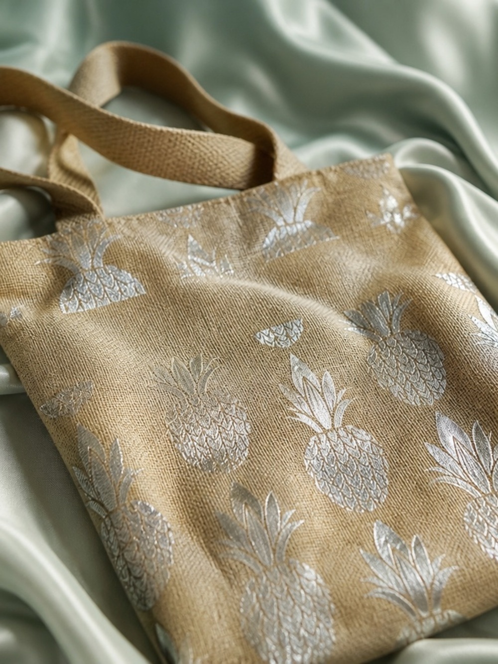 Source Unknown Beige Tote with Silver Pineapple Print